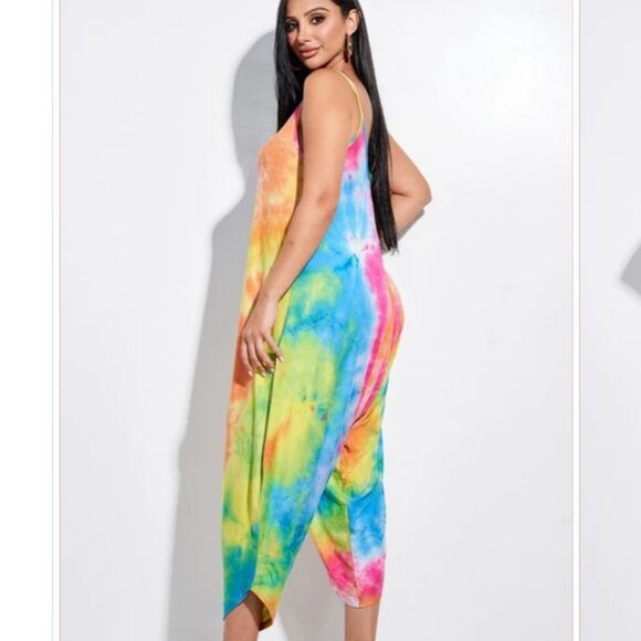 Women Multi Colorful Tie-Dye Jumpsuit sz M Boho Hippie - Picture 5 of 11